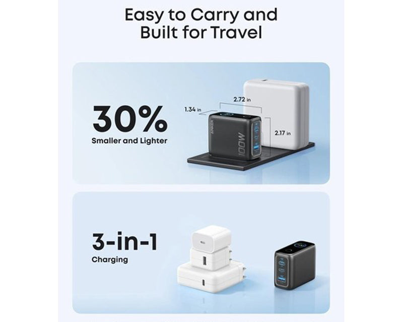 100W GaN zidni brzi punjač, 3-porta (2x USB-C i 1x USB-A) sa USB-C M/M pletenim kablom, tamno sivi
