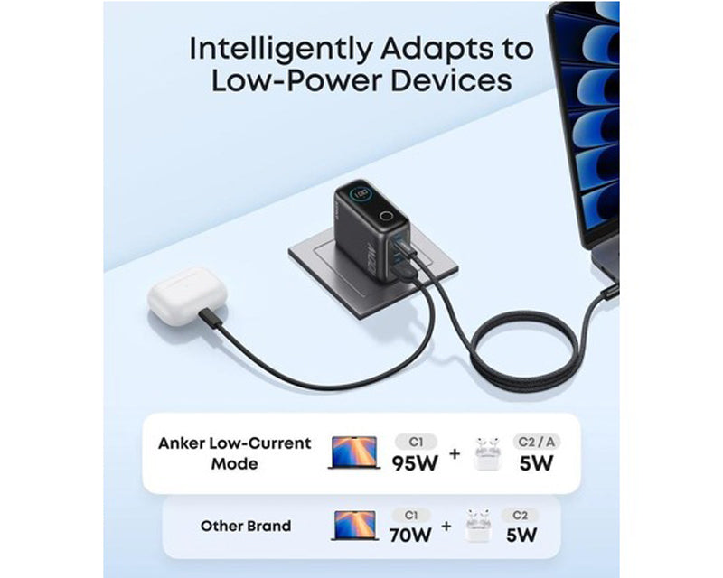 100W GaN zidni brzi punjač, 3-porta (2x USB-C i 1x USB-A) sa USB-C M/M pletenim kablom, tamno sivi