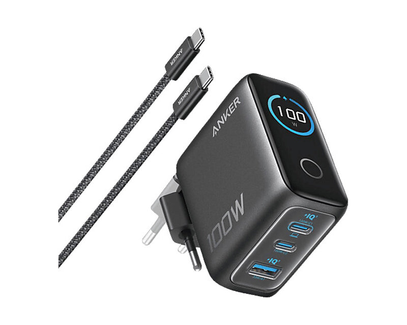 100W GaN zidni brzi punjač, 3-porta (2x USB-C i 1x USB-A) sa USB-C M/M pletenim kablom, tamno sivi