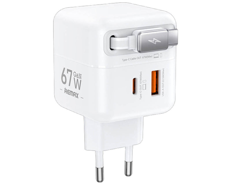 Strujni Fast teleskopski punjac Dolly GAN (1x USB Tip-A 3.0 +1x USB Tip-C) 67W, sa integrisanim USB Tip-C kablom 0.5m, beli