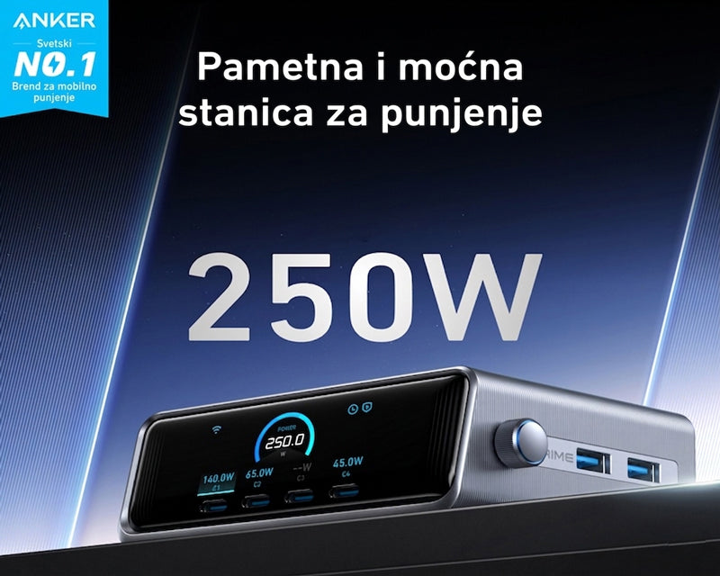 Prime 250W GaN stoni brzi punjač, 6-portova (4x USB-C, 2x USB-A) srebrni
