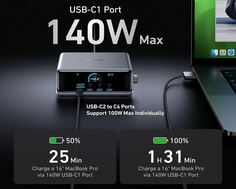 Prime 250W GaN stoni brzi punjač, 6-portova (4x USB-C, 2x USB-A) srebrni