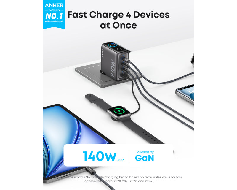 140W GaN zidni brzi punjač, 4-porta (3x USB-C, 1x USB-A) sa USB-C M/M pletenim kablom, tamno sivi