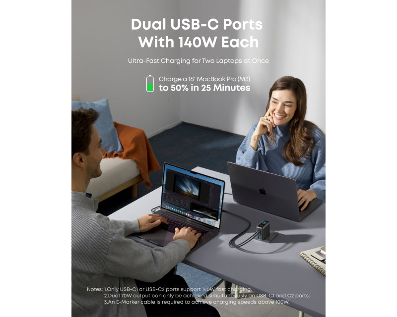 140W GaN zidni brzi punjač, 4-porta (3x USB-C, 1x USB-A) sa USB-C M/M pletenim kablom, tamno sivi