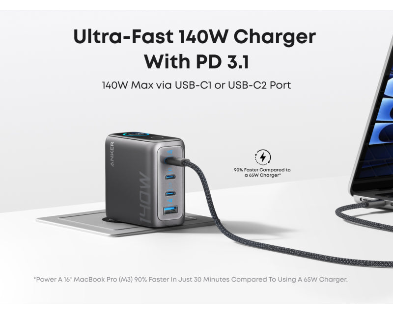 140W GaN zidni brzi punjač, 4-porta (3x USB-C, 1x USB-A) sa USB-C M/M pletenim kablom, tamno sivi