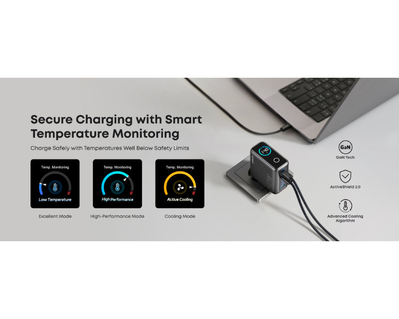 140W GaN zidni brzi punjač, 4-porta (3x USB-C, 1x USB-A) sa USB-C M/M pletenim kablom, tamno sivi
