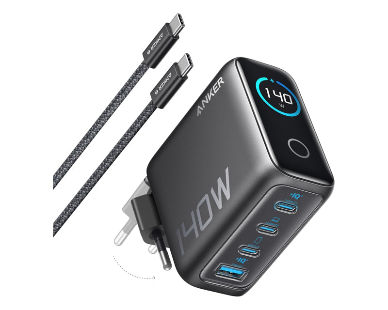 140W GaN zidni brzi punjač, 4-porta (3x USB-C, 1x USB-A) sa USB-C M/M pletenim kablom, tamno sivi