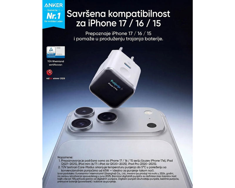 Nano 45W putni zidni punjač sa ekranom, USB-C port, beli