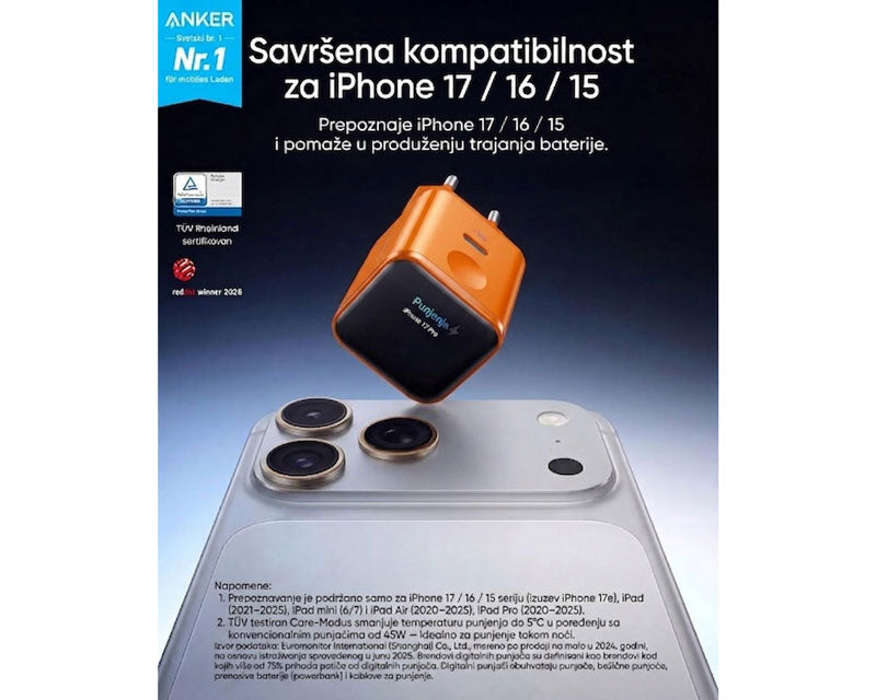 Nano 45W putni zidni punjač sa ekranom, USB-C port, narandžasti