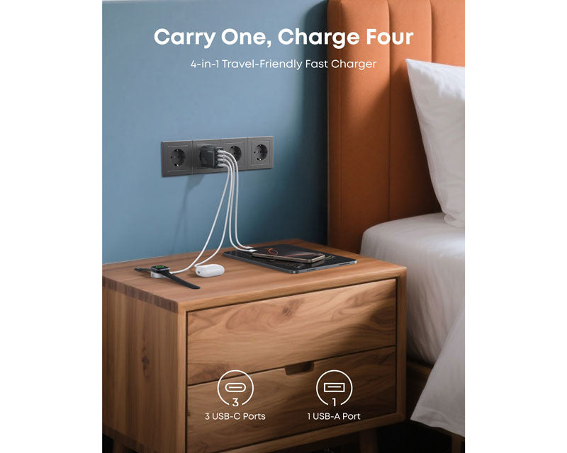 Zolo 70W 4-porta(3x USB-C i 1x USB-A) zidni punjač crni