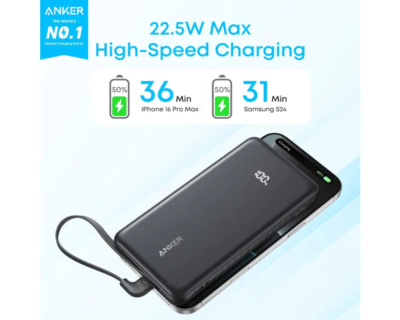 Zolo 10000mAh, 22.5W, sa ugrađenim USB-C kablom, Power Bank crni