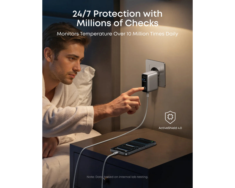 100W GaN zidni brzi punjač, 3-porta (2x USB-C i 1x USB-A) sa USB-C M/M pletenim kablom, srebrni