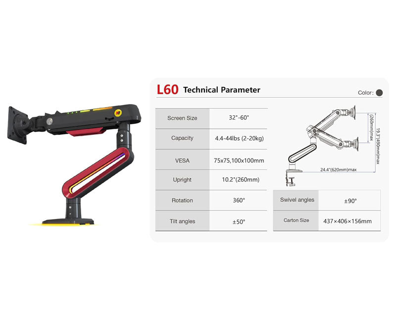 L60 Gaming stoni nosač za monitor mat crni