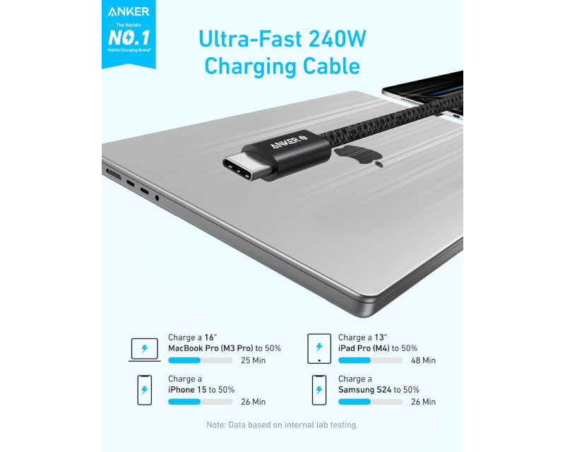 Zolo USB tip-C kabl M/M 1.8m, za Apple, super brzo punjenje 240W/480Mbps, pleteni, crni