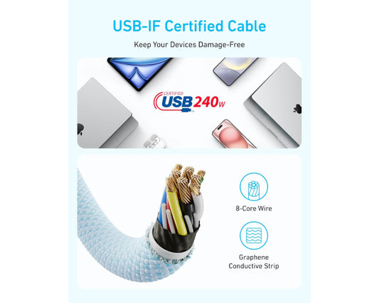 Zolo USB tip-C kabl M/M 1.8m, za Apple, super brzo punjenje 240W/480Mbps, pleteni, crni