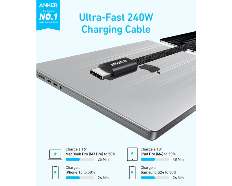Zolo USB tip-C kabl M/M 1m,  za Apple, super brzo punjenje 240W/480Mbps, pleteni, crni