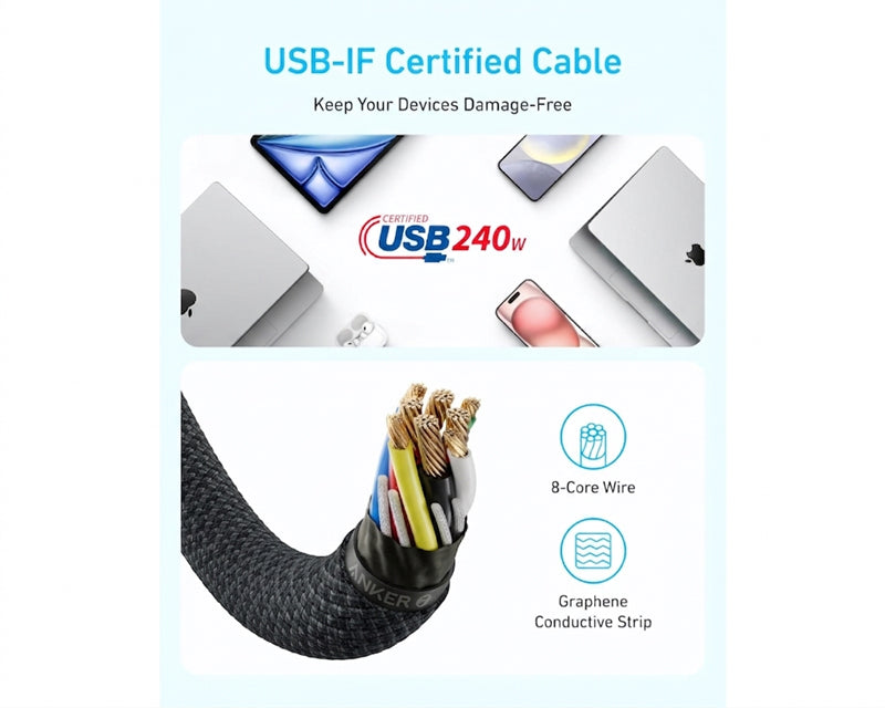 Zolo USB tip-C kabl M/M 1m,  za Apple, super brzo punjenje 240W/480Mbps, pleteni, crni