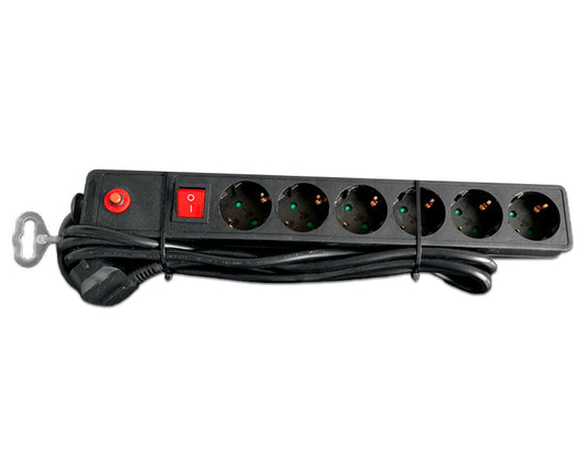 Kabl naponski produžni 6 x šuko 3m sa prekidacem i zaštitom (crni)